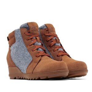 SOREL Evie Wedge Ankle Bootie Lace Waterproof Suede Brown Gray Boots